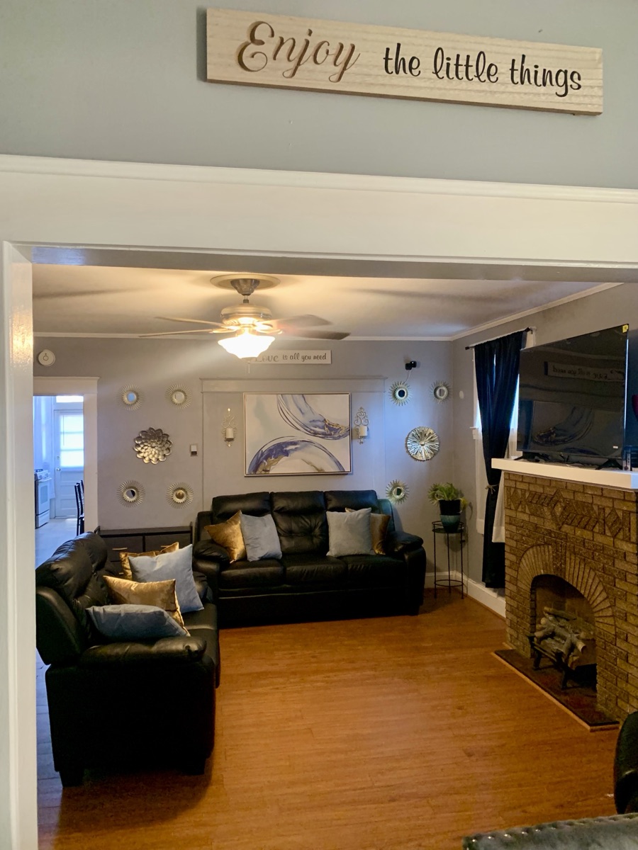 Living room with leather sofas and fireplace